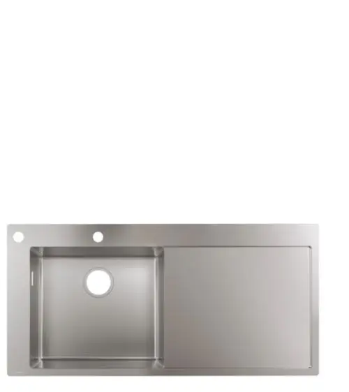Edelstahlspüle von Hansgrohe mit einer großen Beckenfläche und einer Abtropffläche auf der rechten Seite, geeignet für den Einbau in Küchenarbeitsplatten.